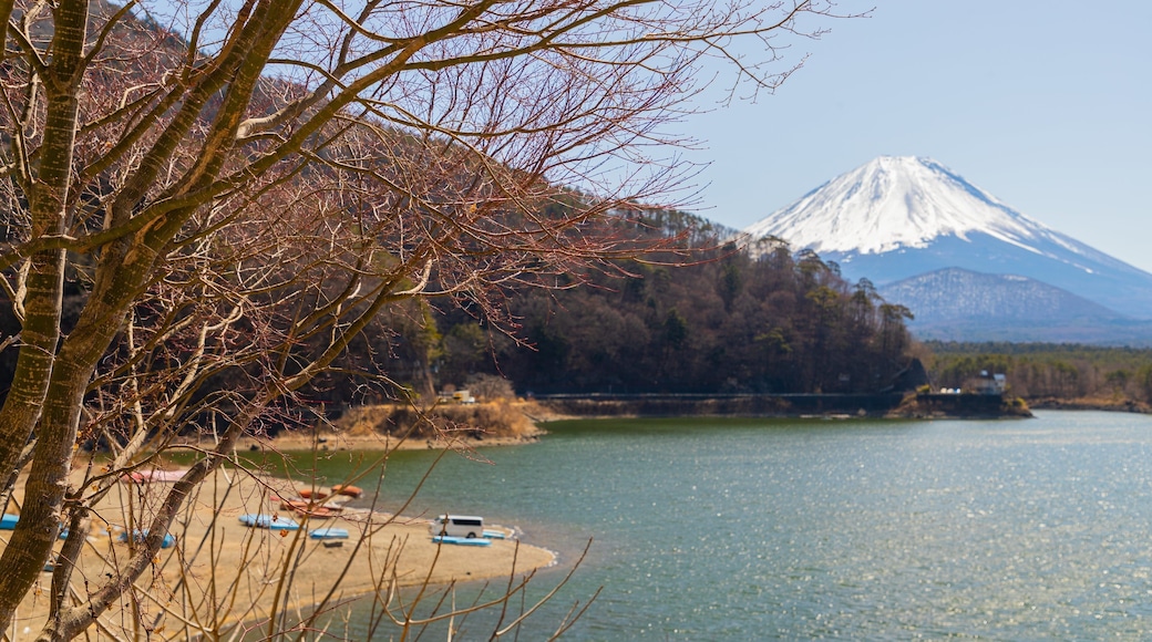 Lake Shojiko which includes mountains and a lake or waterhole
