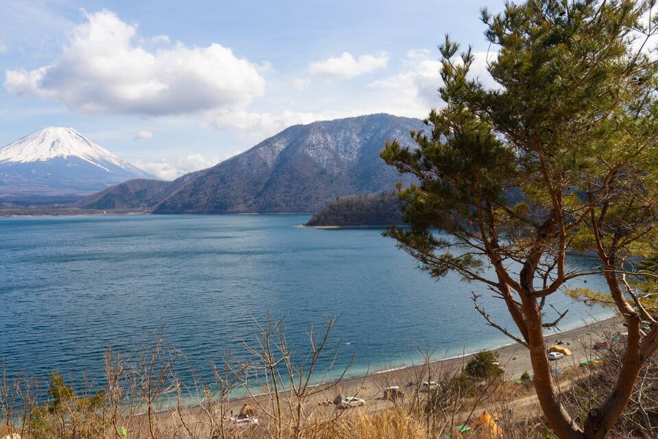A lake with a mountain in the background.