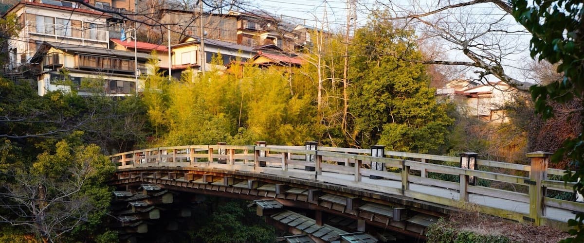 A wooden bridge over a railway track surrounded by trees and buildings.