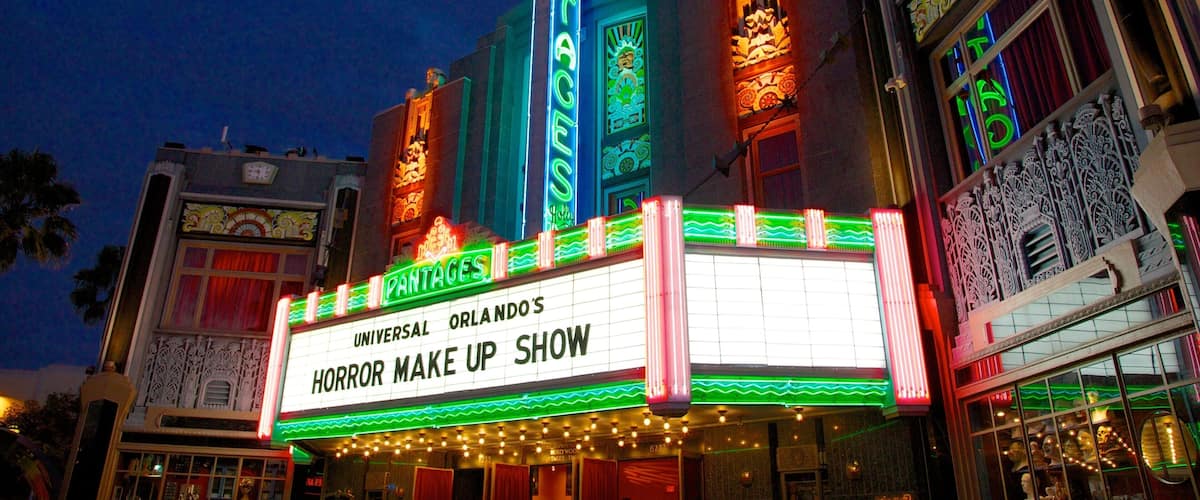 Universal Orlando™ area showing signage and theater scenes