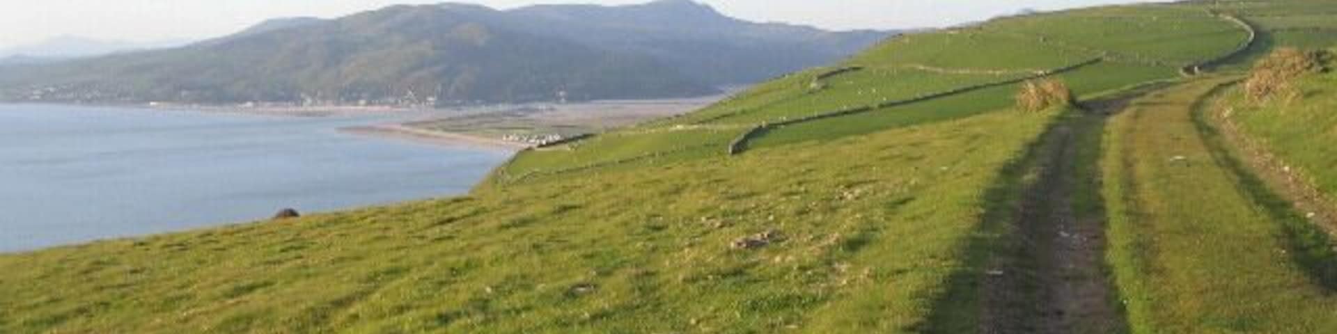 Green track above Llwyngwril, evening In the distance can be seen the sand and shingle spit of Ro Wen at Fairbourne in SH6114 and Barmouth on the other side of the Mawddach estuary, in SH6115. The time is 2000, just over three hours before high water at Barmouth (2308). A morning view, two days earlier: https://www.geograph.org.uk/photo/1311584