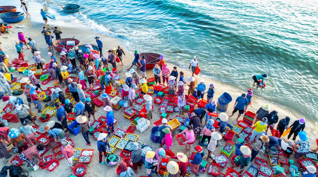 Aerial view of Tam Tien beach and fish market, Tam Ky, Quang Nam, Vietnam. Near Hoi An ancient town