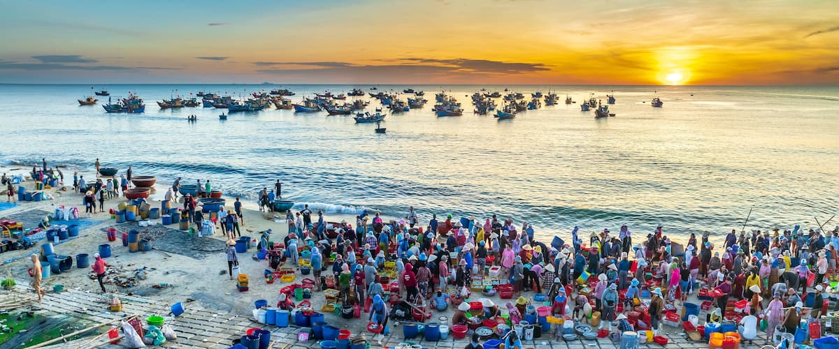 A bustling coastal fishing village at sunset with numerous boats and people engaged in fishing activities.