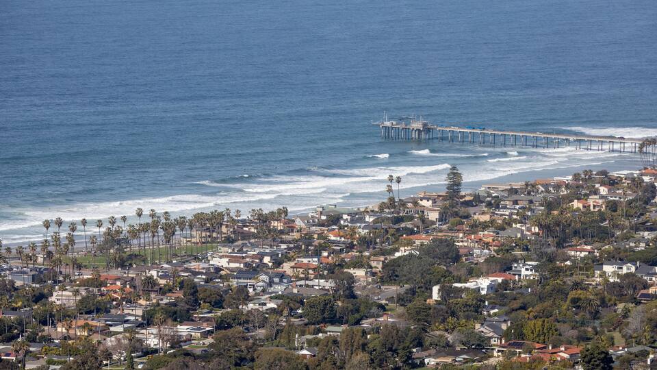 La Jolla Shores beach and view of the Ellen Browning Scripps Memorial Pier. La Jolla, California, USA.