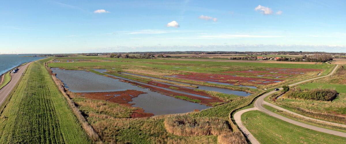 A coastal landscape with a road, fields, and water bodies.