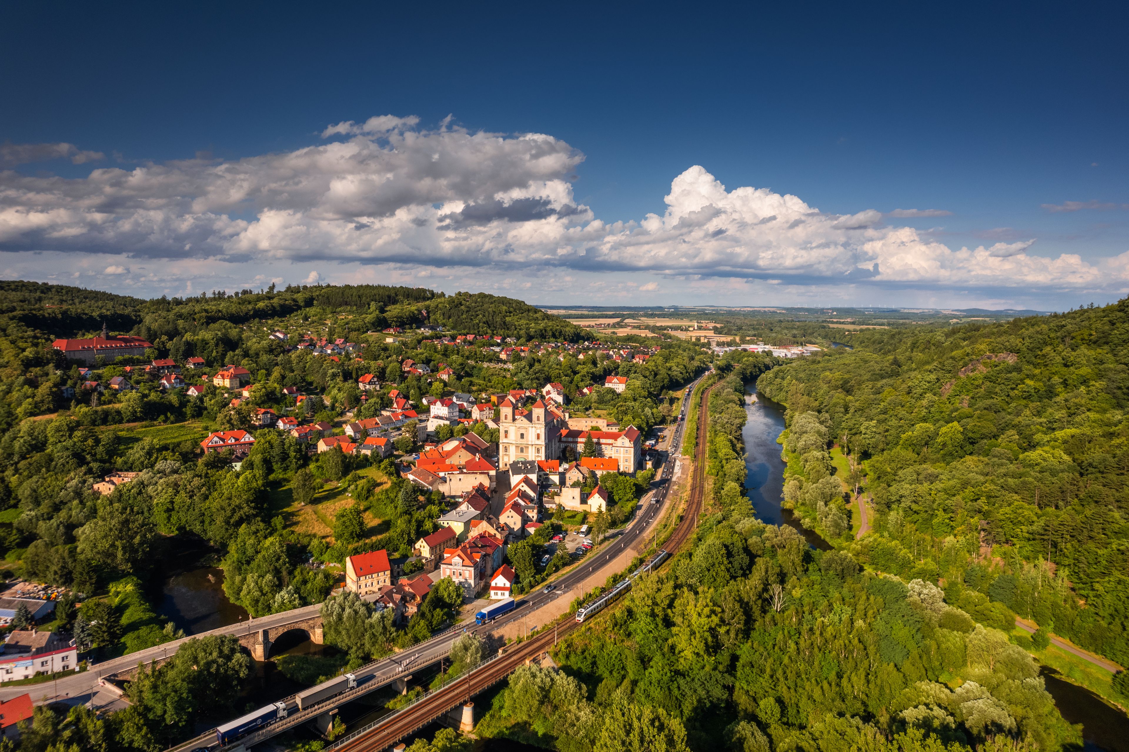 Aerial view of the church in Bardo captured on a summer afternoon. Landscapes and attractions of Lower Silesia.