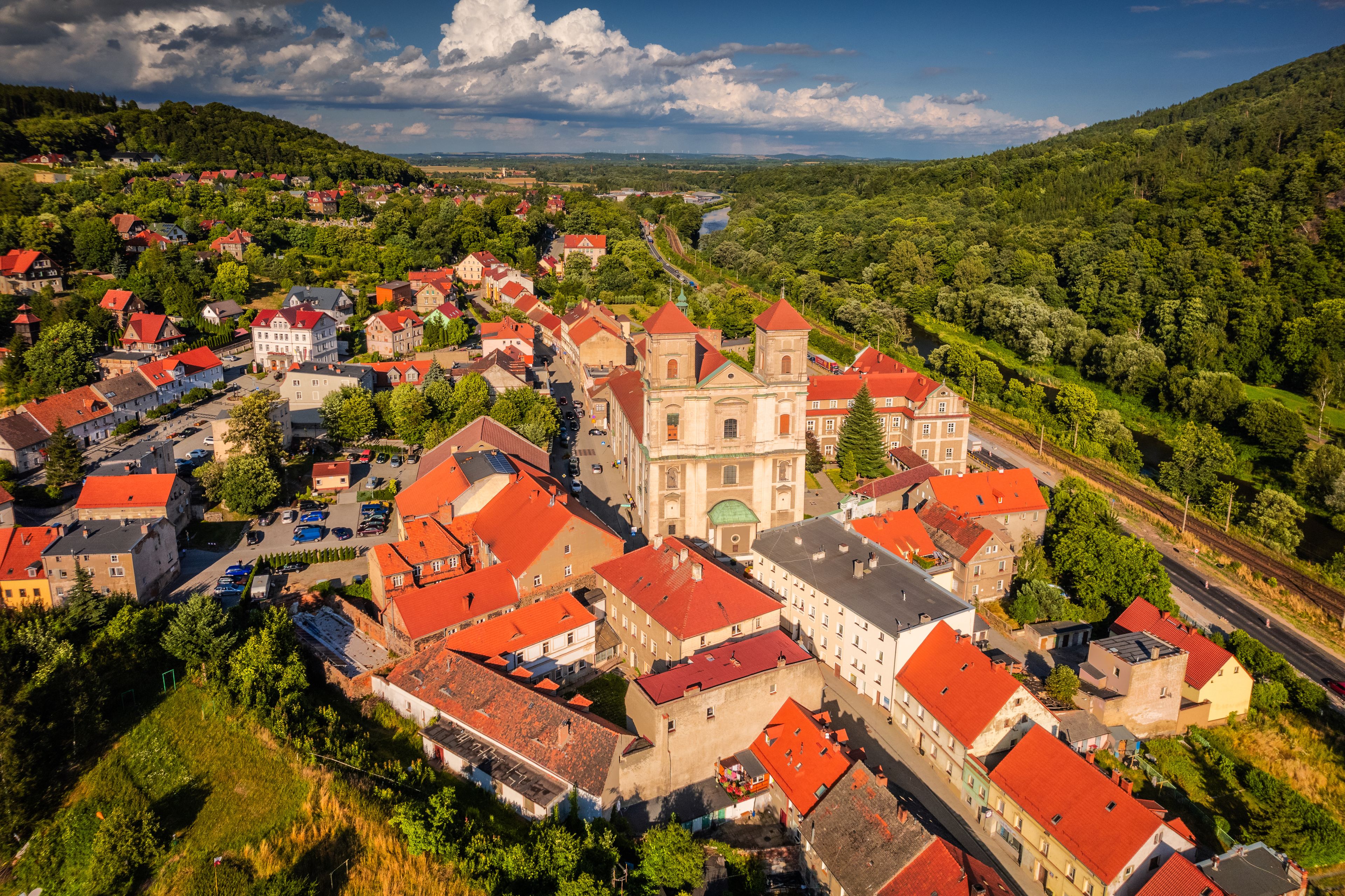 Aerial view of the church in Bardo captured on a summer afternoon. Landscapes and attractions of Lower Silesia.