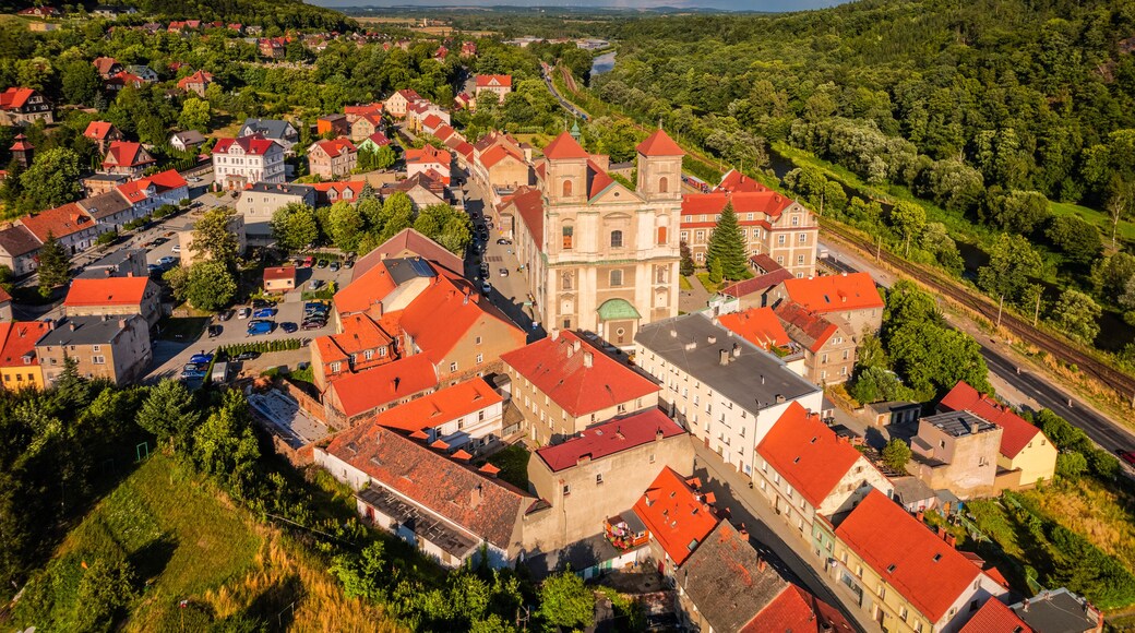 Aerial view of the church in Bardo captured on a summer afternoon. Landscapes and attractions of Lower Silesia.