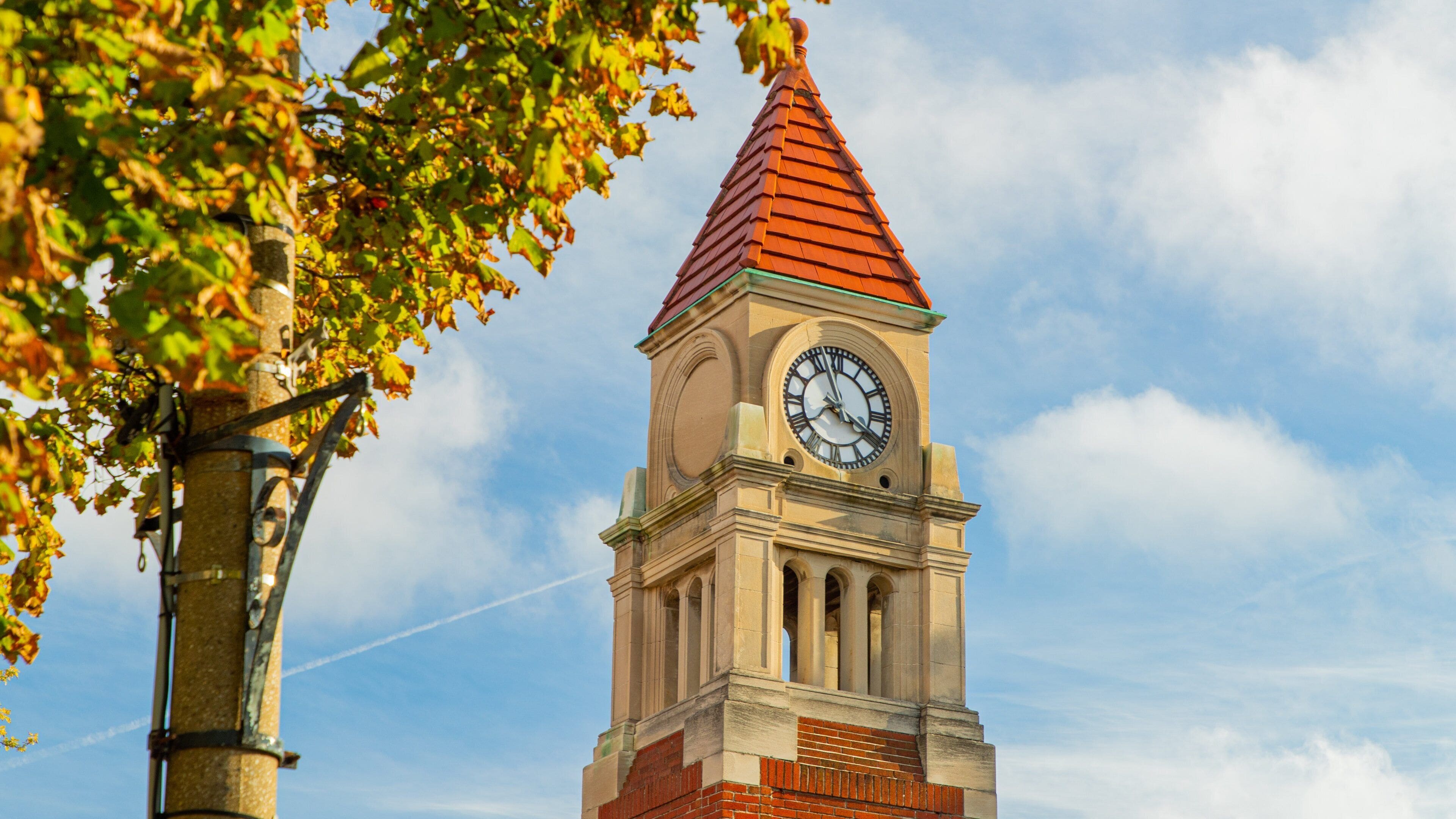 A clock tower with a red roof and a clock face, surrounded by autumn leaves.