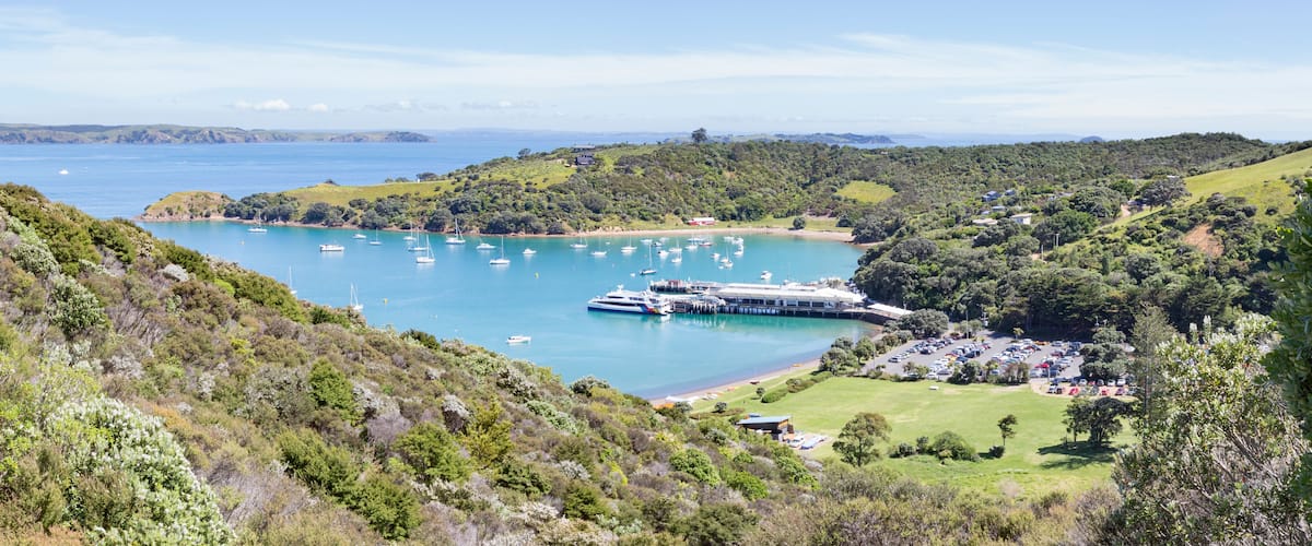 A coastal bay with numerous boats, a ferry dock, and a parking area surrounded by lush greenery and hills.