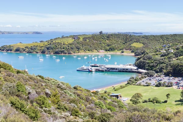 High angle view of Waiheke's Island ferry terminal during a summer day