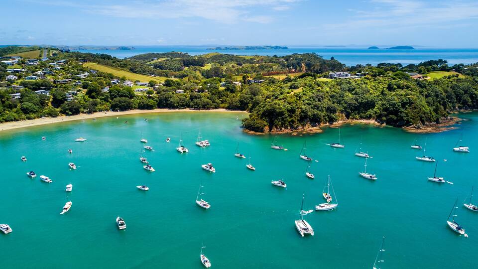 A coastal area with numerous sailboats anchored in turquoise waters, surrounded by lush greenery and a small town in the background.