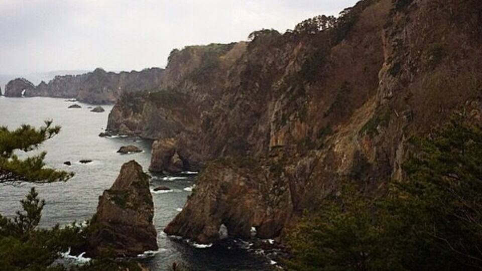 A coastal landscape with rugged cliffs, dense greenery, and a calm sea.