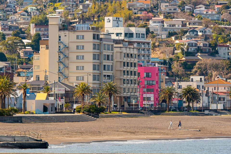 Una cittadina costiera con spiaggia, palme e un mix di edifici residenziali.