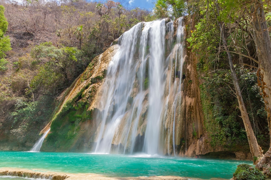 A waterfall cascading into a turquoise pool surrounded by lush greenery.