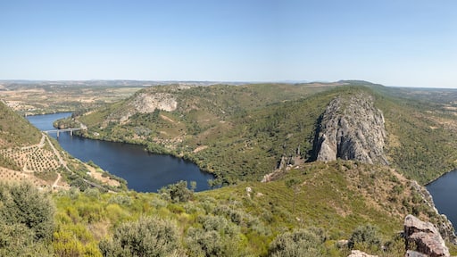 Breathtaking aerial view of the winding Tejo River flowing through lush green hills in August. Serene and panoramic view of extensive landscape in Vila Velha de Rodao, Portugal.