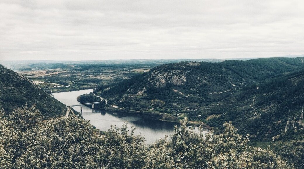 The Portas de Rรณdรฃo is a geological formation located near Vila Velha de Rรณdรฃo, resulting from the intersection of the hard quartzitic relief of the Serra das Talhadas with the course of the Tagus river. In this place there is a narrowing of the valley, which runs between two steep walls, which reach about 170 m high, reminiscent of two "gates", one to the north in the district of Castelo Branco, Beira Baixa, and another to the south in the county Of Nisa, district of Portalegre, Alto Alentejo.
The Tajo dock began with erosion remontante, about 2.6 million years ago, taking advantage of tectonic accidents associated to the failure of the Pรดnsul, and it took place in several stages, reflected in fluvial terraces and platforms built by erosion, more visible in the right margin to Amount of the Ports.