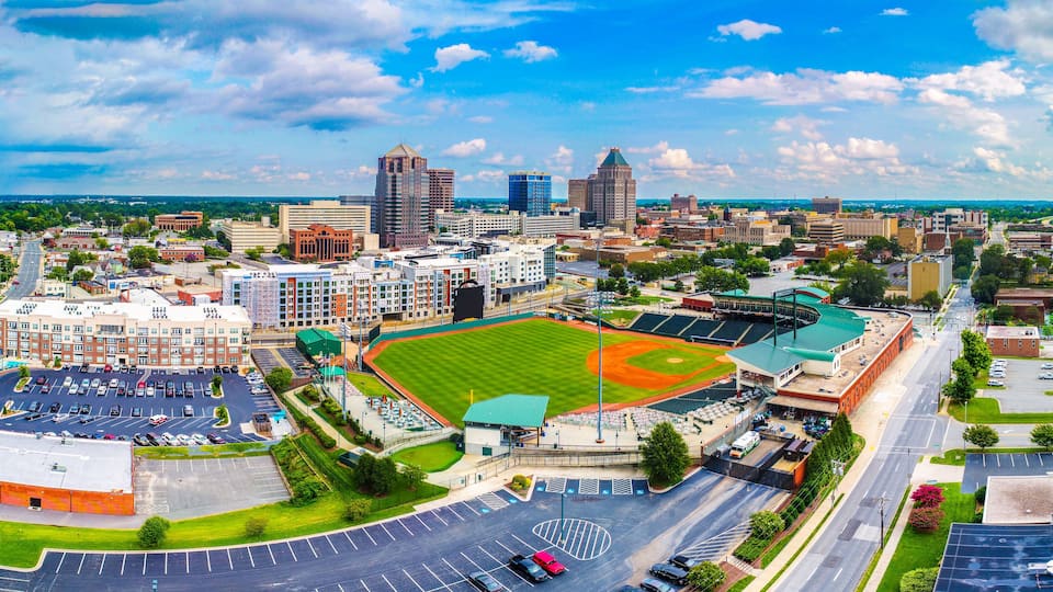 Aerial of Downtown Greensboro North Carolina NC Skyline