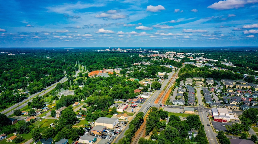 Aerial shot of Greensboro in North Carolina on the horizon from the West