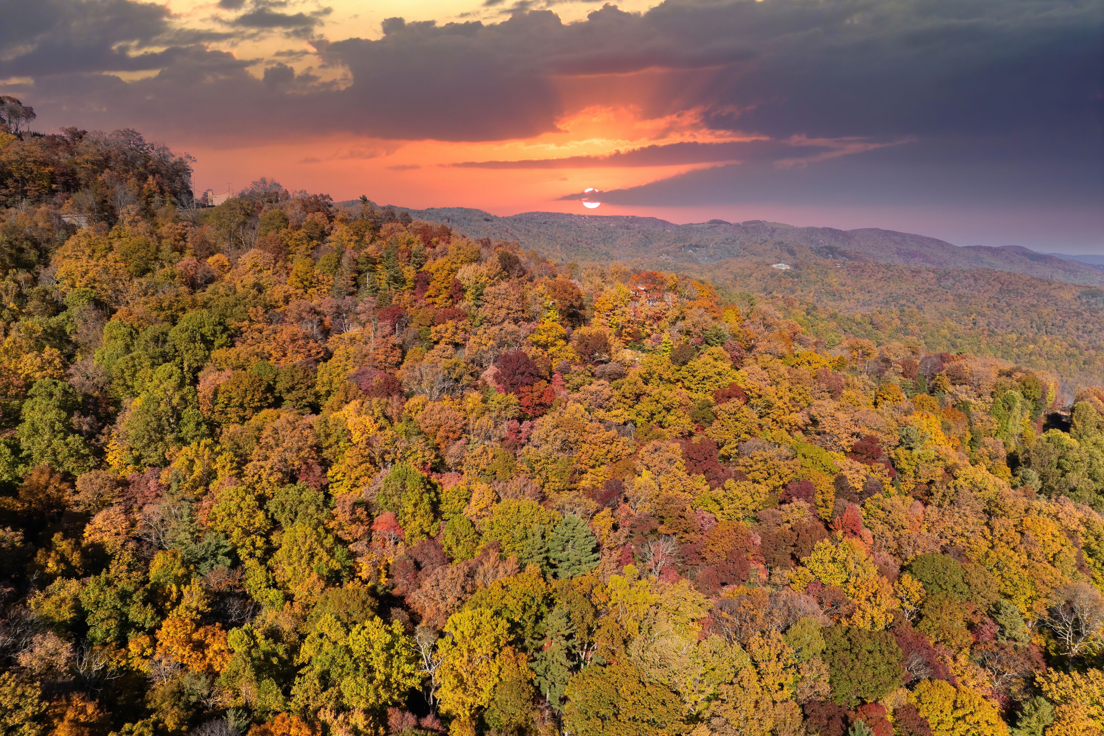 Fall forest on Appalachian mountain hills at sunset with brightly illuminated lush and pine woods. Autumnal landscape of beautiful nature