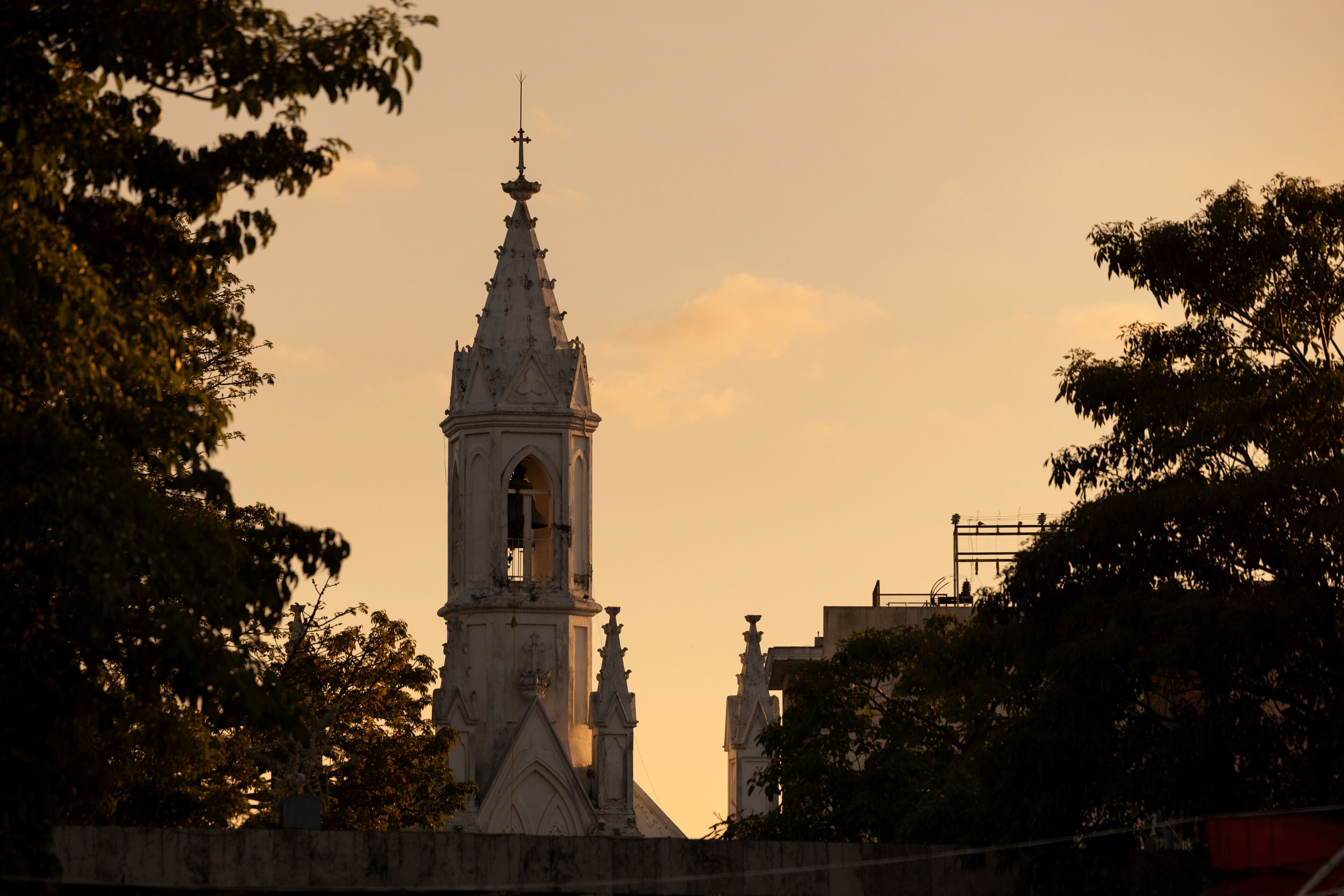 A church with a tall bell tower and a cross on top, surrounded by trees.