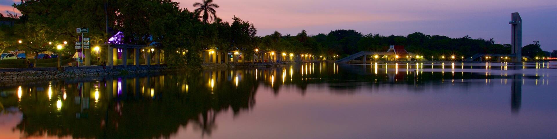 A calm lake at dusk with reflections of lights, palm trees, and a tall monument.