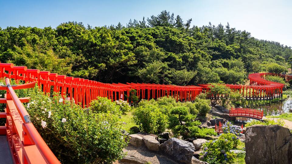 A red torii gate pathway leading through a lush green forest with a traditional Japanese building in the background.