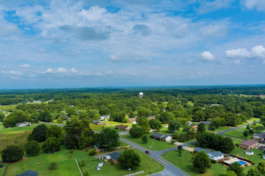 Aerial panoramic view of a Inman small town city near of forest in South Carolina USA