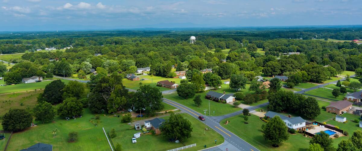 Aerial panoramic view of a Inman small town city near of forest in South Carolina USA
