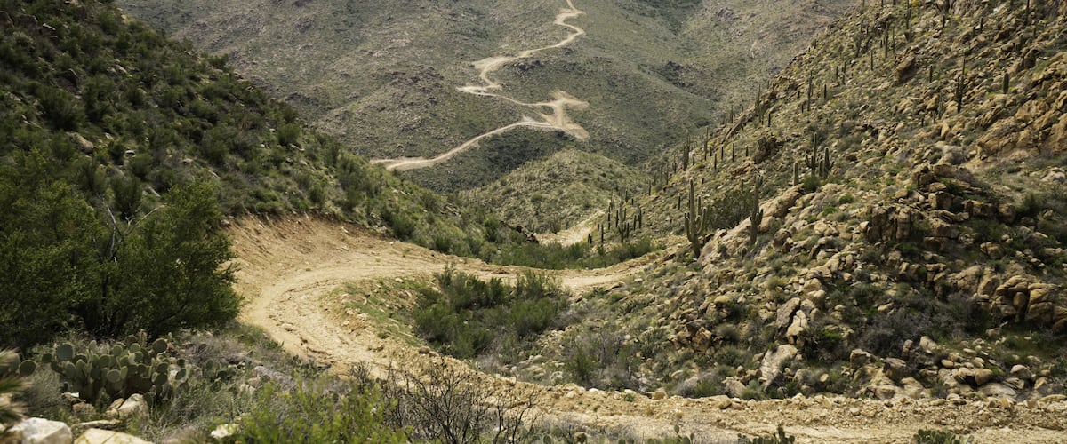 A winding mountain road through a desert landscape with sparse vegetation and cacti.