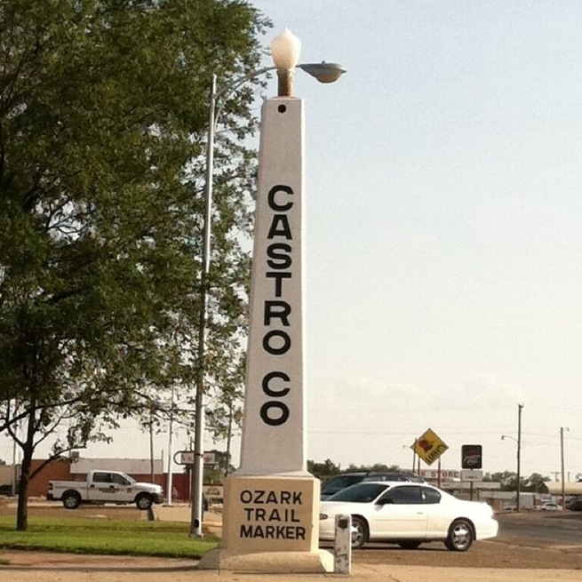 The Ozark Trail Obelisk: The Ozark Trail Obelisk is located at the intersection of highways 86 and 385 and was constructed in the 1920's for $600. Marking the distance to other towns and trade centers along the Ozark Trail, Distance in miles to Amarillo (63), Lubbock (80), Albuquerque (275), Oklahoma City (325), Ft. Worth (396), Dallas
(438), Denver (463) and Austin (476) are featured at this landmark.