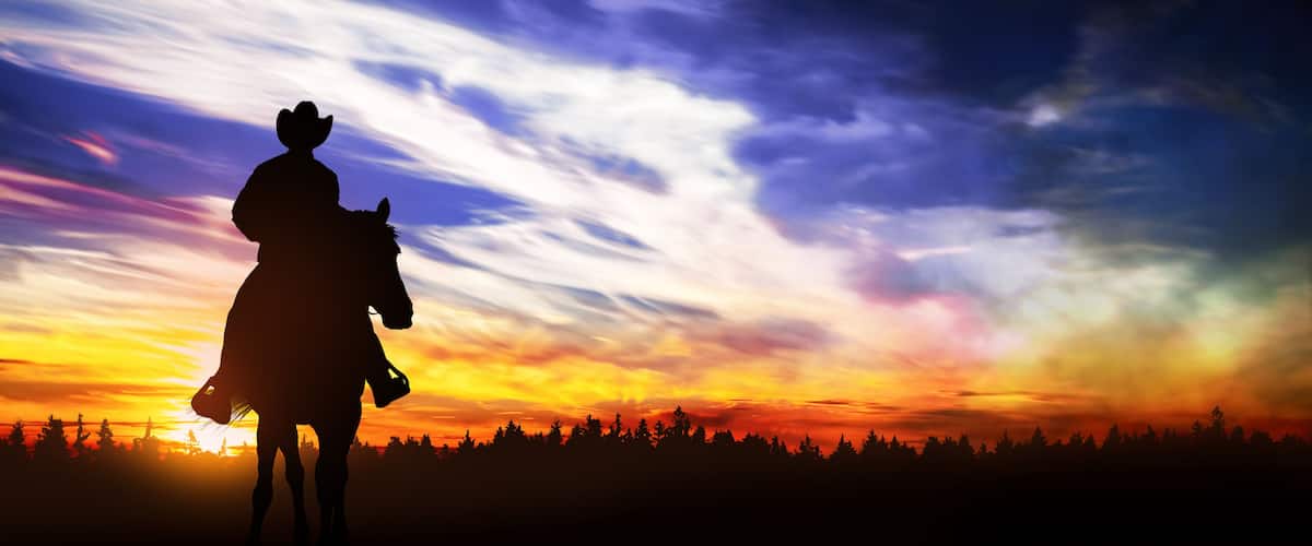 cowboy riding in the hills at sunset