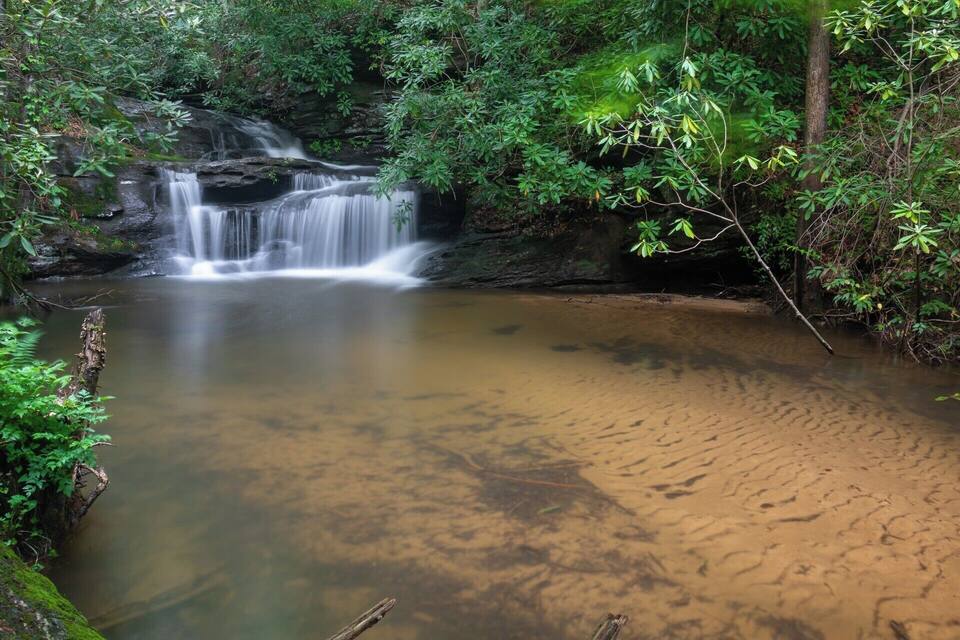 A waterfall in a forested area with a muddy pool at its base.