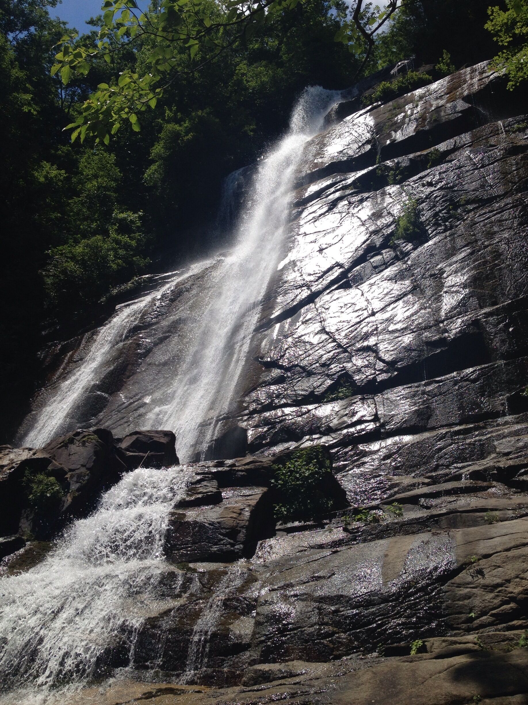 A waterfall cascading down a rocky cliff surrounded by dense green foliage.