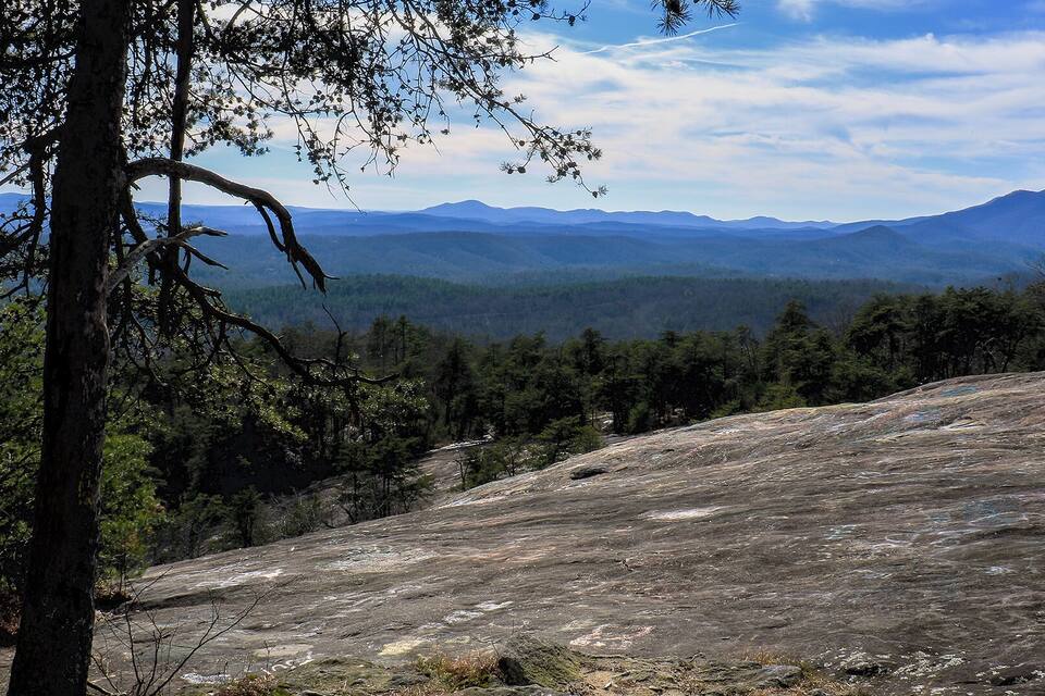 A mountainous landscape with a clear sky, dense forest, and rocky terrain.