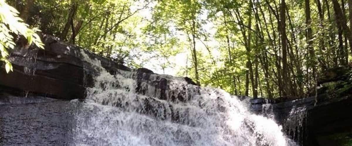 A waterfall cascading over a rocky ledge surrounded by trees.