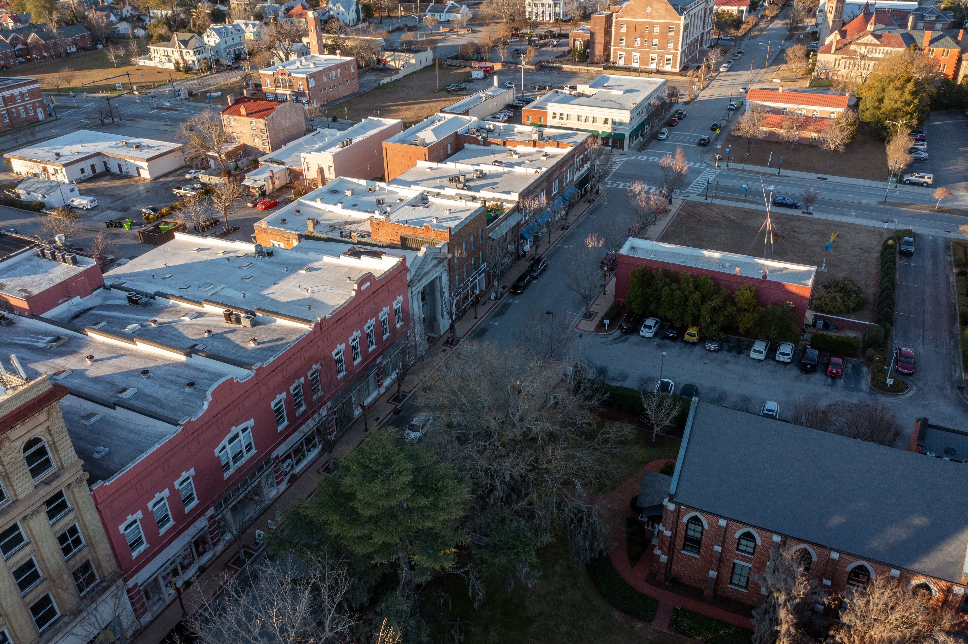 Aerial View of Business and Buildings on Broad Street in New Bern North Carolina