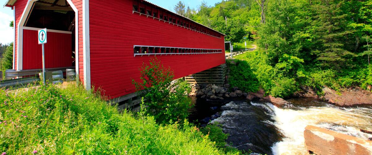 A red covered bridge over a river, surrounded by lush greenery and trees.