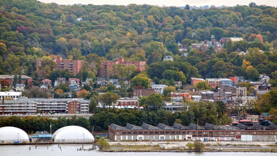 A riverside town with a mix of residential and industrial buildings, surrounded by dense autumn-colored forests.