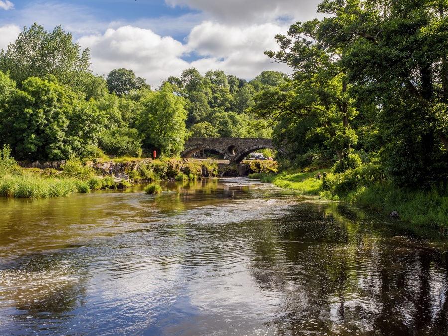 Un río con un puente de piedra, abundante vegetación y cielo despejado.