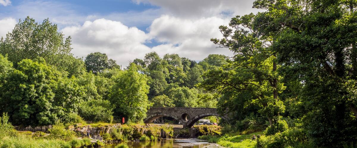 A river with a stone bridge, lush greenery, and a clear sky.