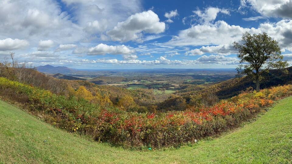 A valley with autumn foliage, a prominent tree, and distant mountains under a partly cloudy sky.