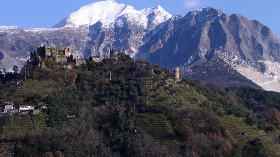 A castle on a hill with snow-capped mountains in the background.