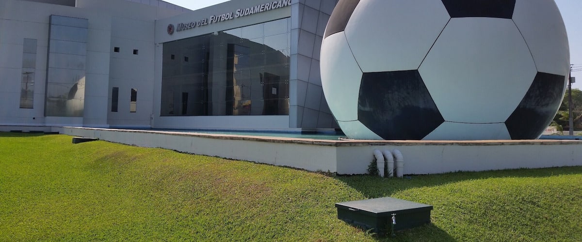A modern building with a large soccer ball sculpture in front.