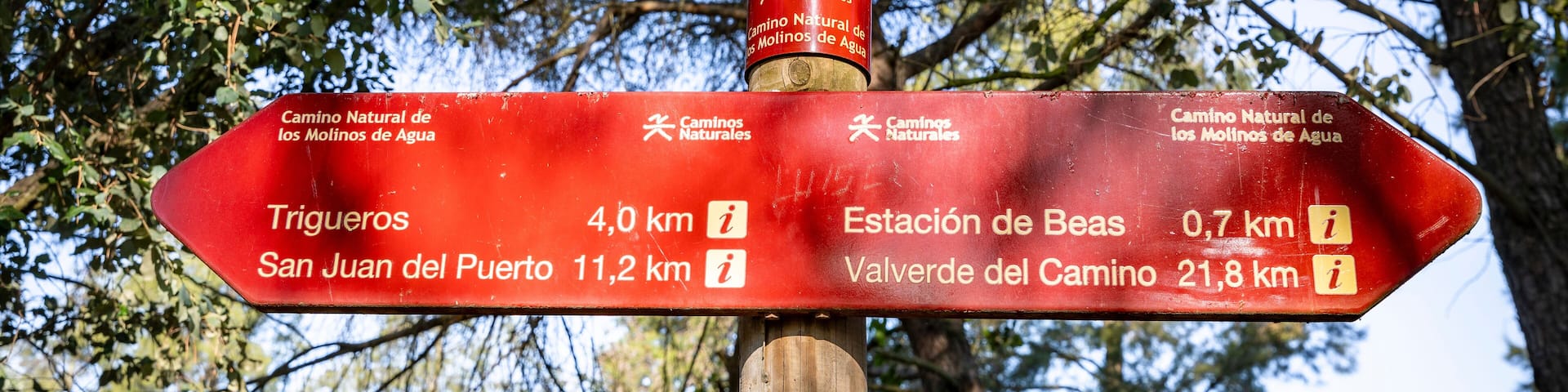 Camino Natural de Los Molinos de Agua - way marker showing direction and distances to several locations, province of Huelva, Andalusia, Spain
