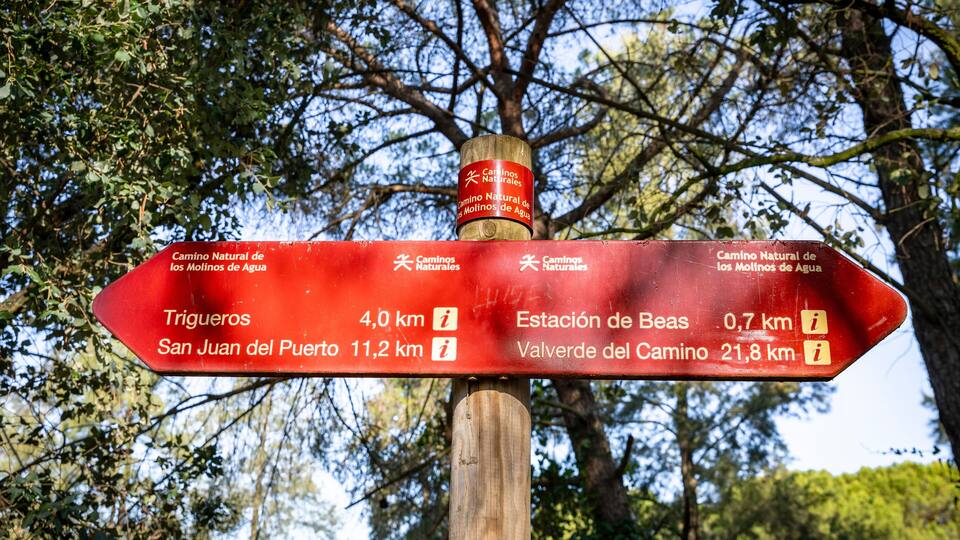 A red directional signpost with distance markers and destination names.