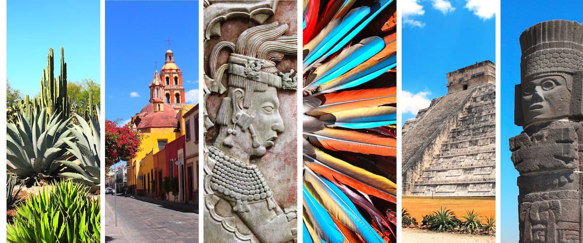 A cactus, a street with buildings, a stone carving, colorful feathers, and a pyramid.