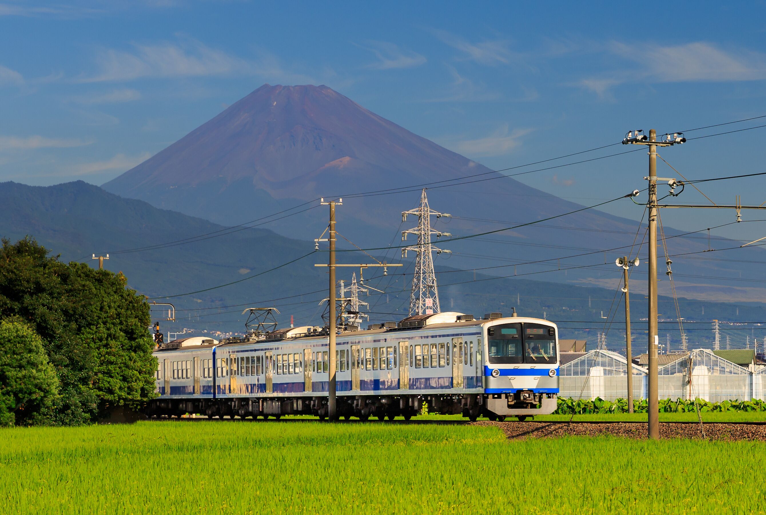 View of mountain Fuji with a train passing through green field