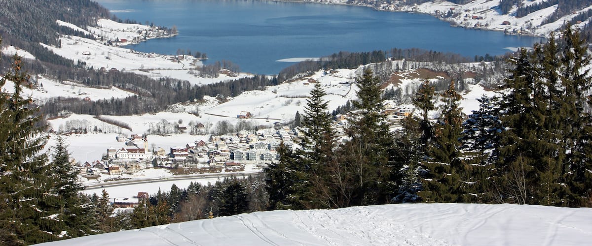 A snow-covered landscape with a lake, mountains, and a small town.