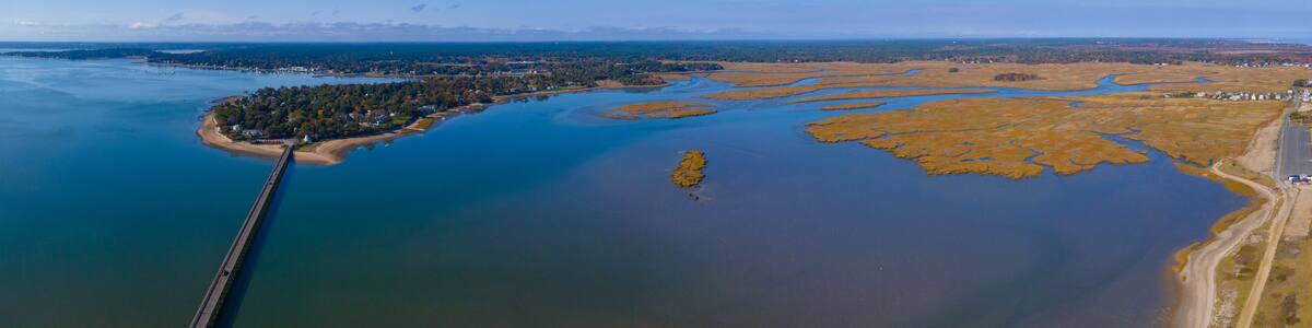 Powder Point Bridge aerial view connects Long Island and Duxbury in town of Duxbury, Massachusetts MA, USA.